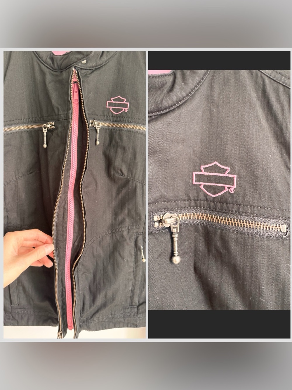 Harley-Davidson Black Cotton Side Lace Up Moto Jacket Pink Script Logo S - Picture 12 of 16